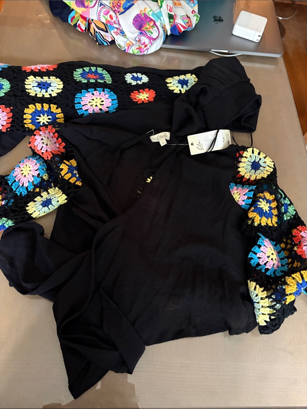 Ela Black Crochet-Sleeve Cardigan with Textured Knit with pants